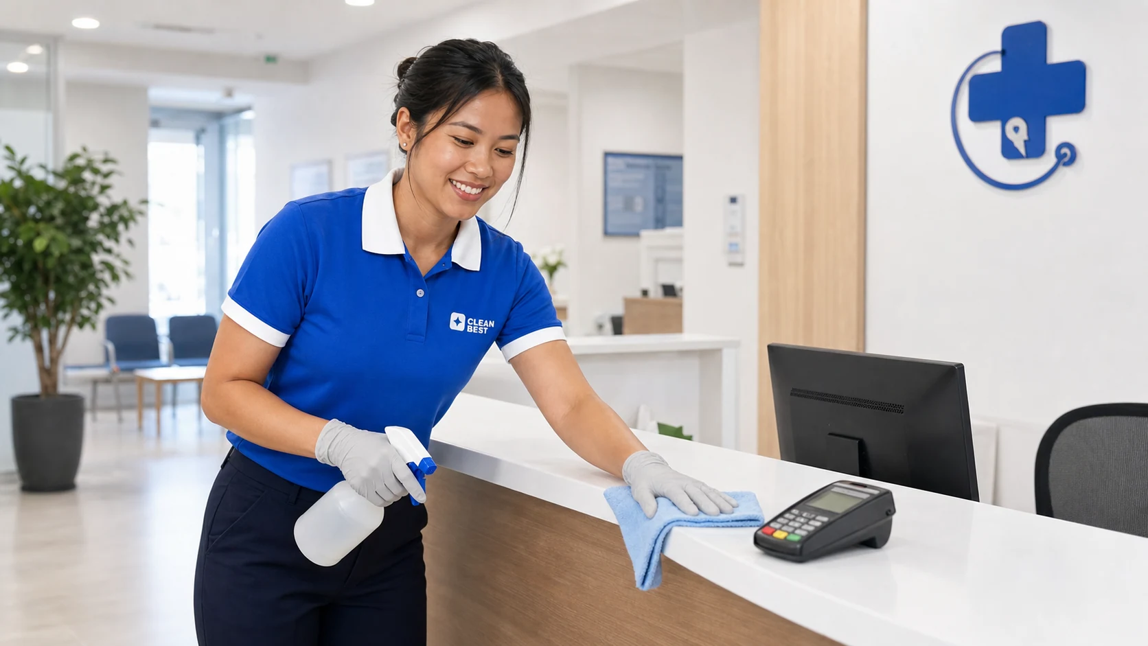 Clean Best cleaner disinfecting waiting room seating and touchpoints during an after-hours medical centre cleaning visit in Sydney NSW