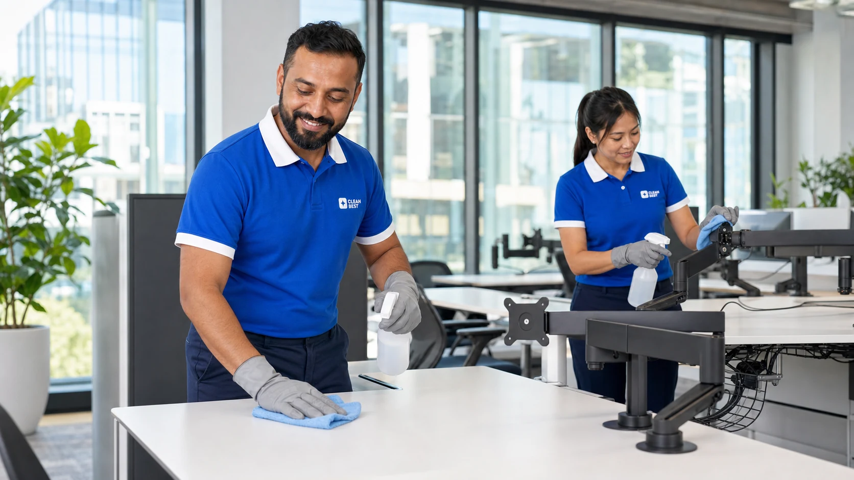 Clean Best cleaner sanitising desks in a sunlit open-plan office in Sydney NSW