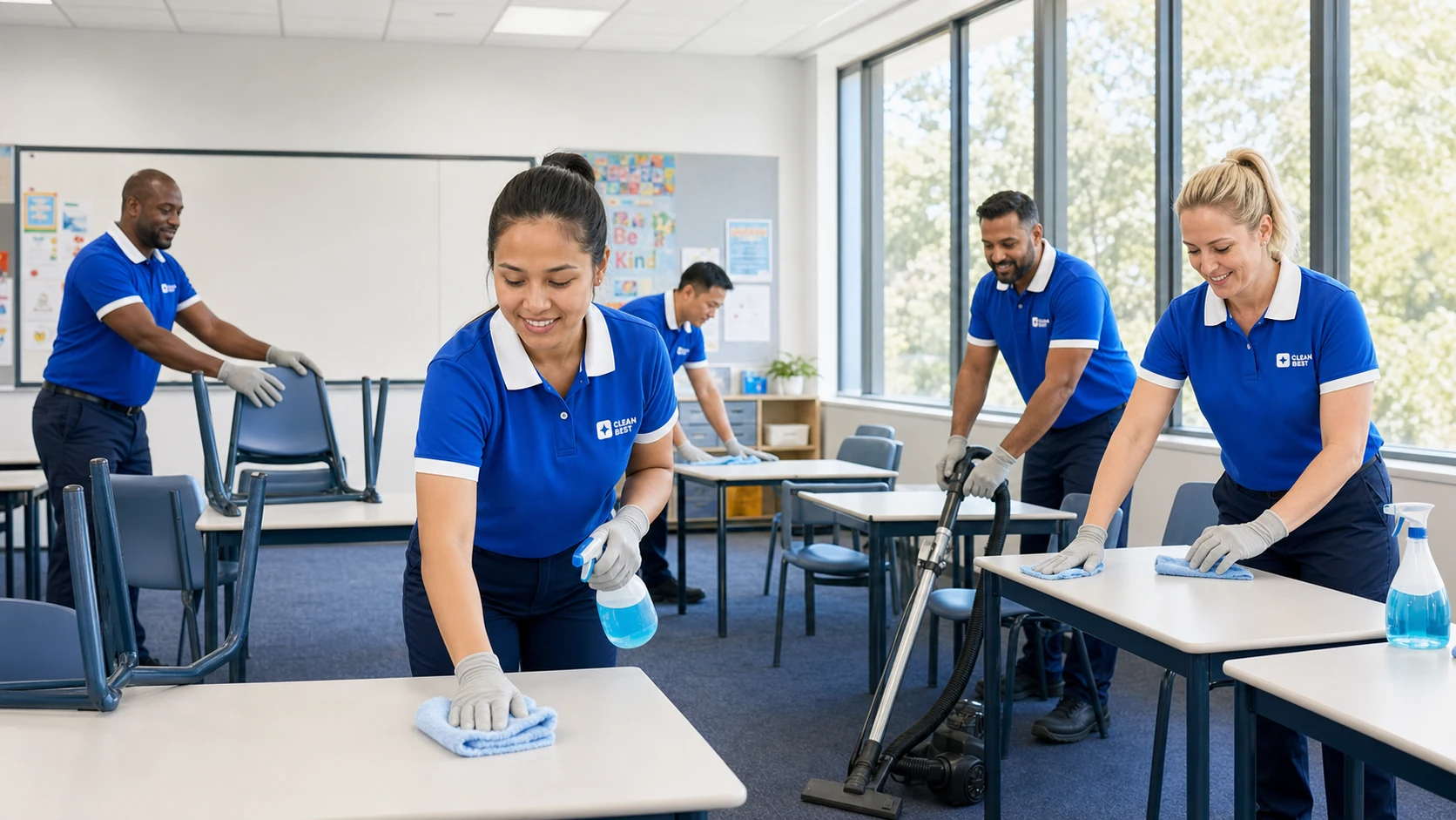 Clean Best cleaner mopping a school classroom floor in Sydney NSW