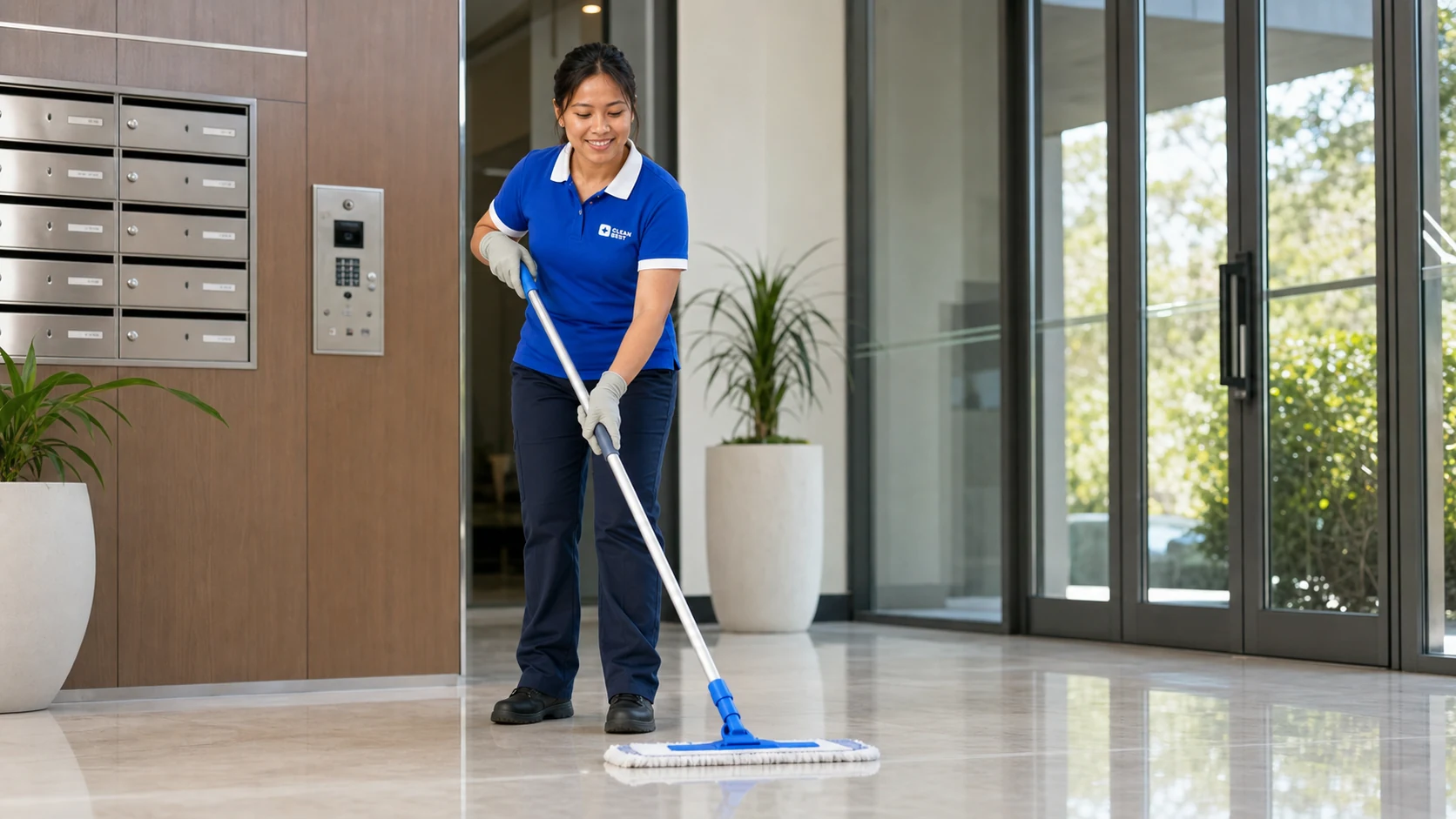 Clean Best cleaner mopping an apartment building lobby floor in Sydney NSW