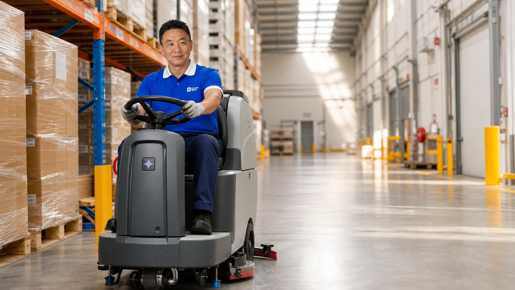 Clean Best operator running a ride-on floor scrubber in a Sydney warehouse aisle NSW